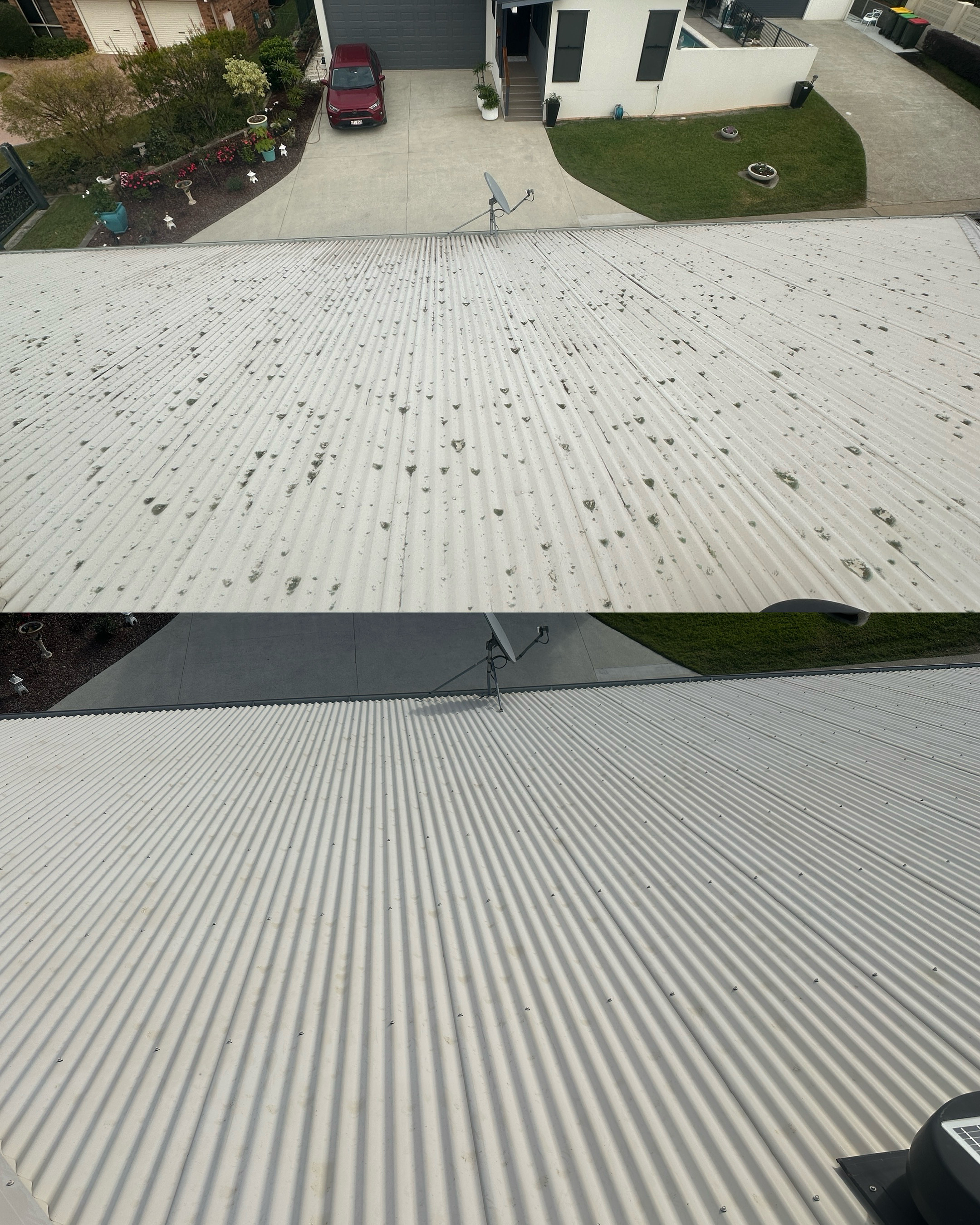 Aerial view of Colorbond roof cleaning before and after