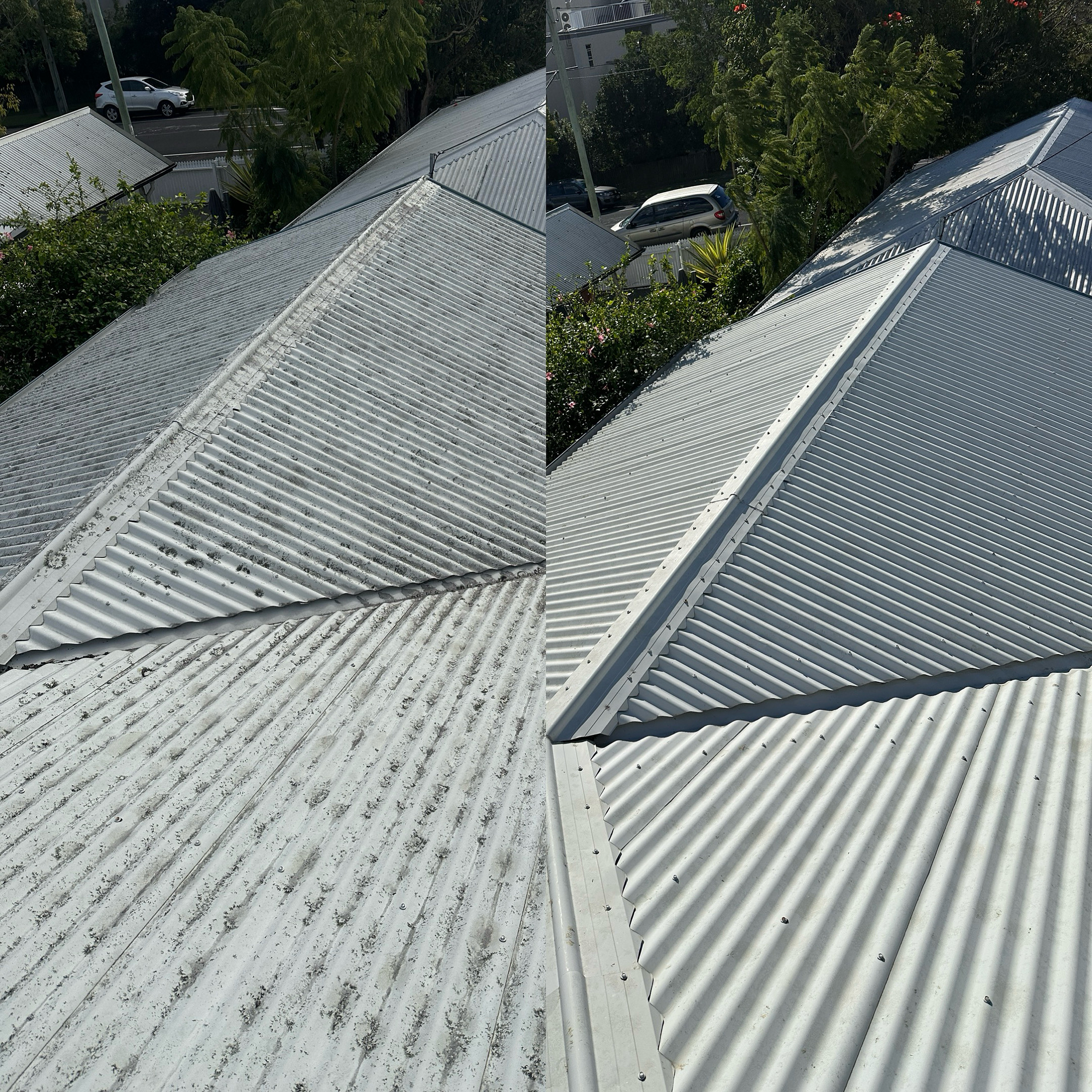 Close-up view of Colorbond roof cleaning before and after
