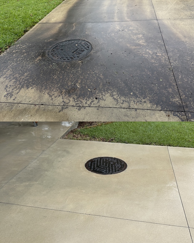 Driveway before and after tannin stain removal and pressure cleaning