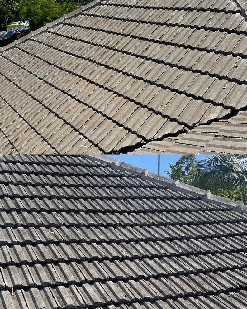 Concrete tile roof cleaning before and after
