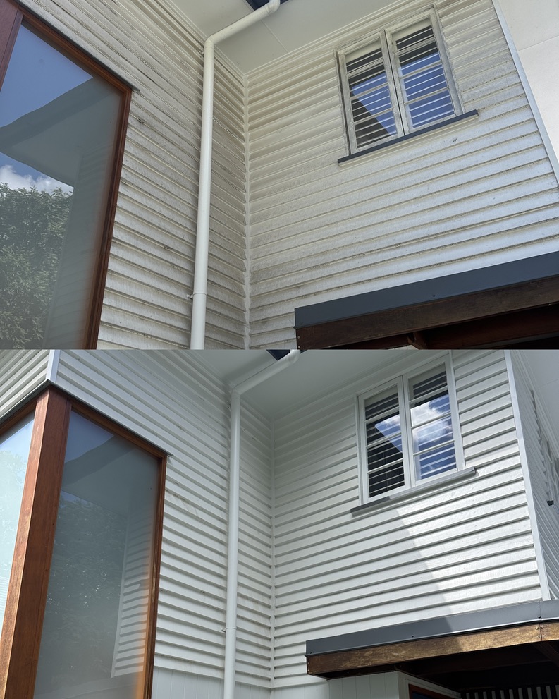 Contemporary house siding before and after professional cleaning