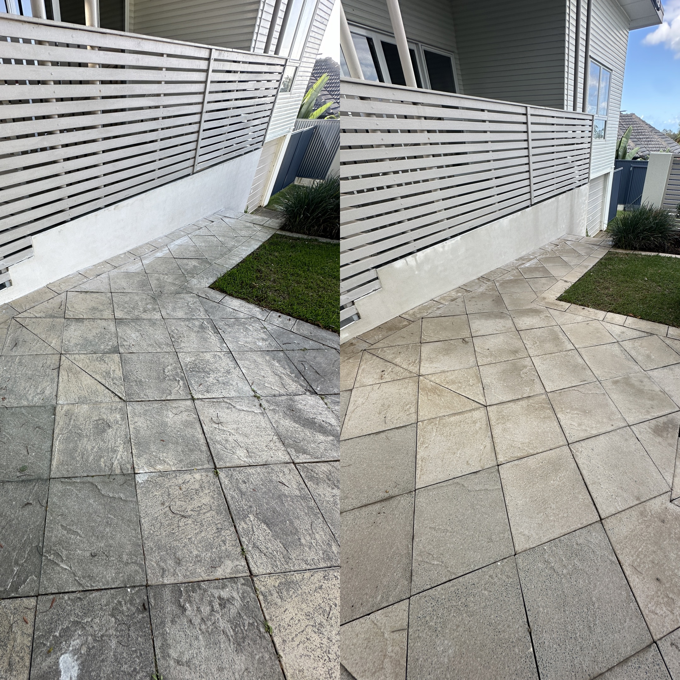 Courtyard paving before and after pressure washing