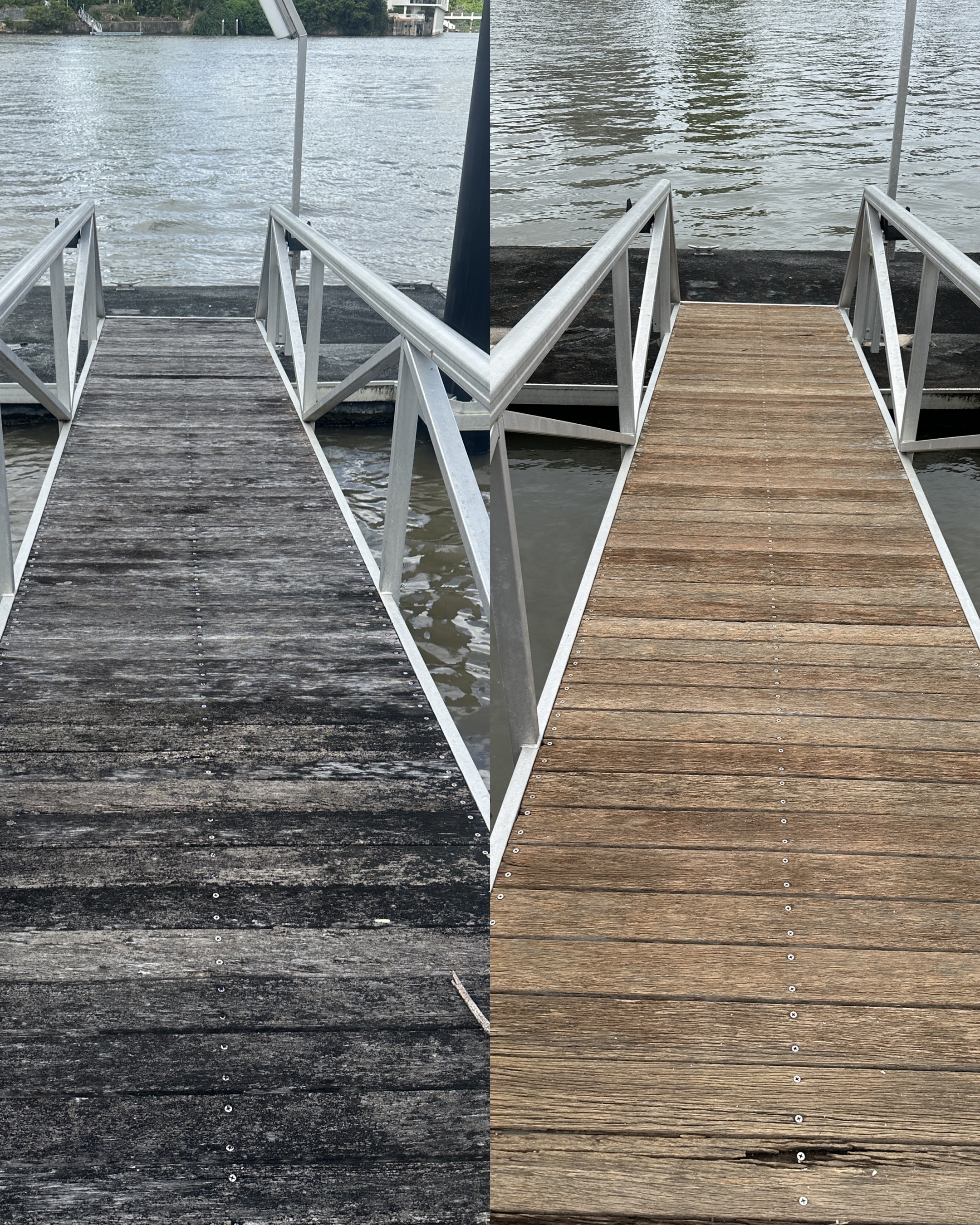 Wooden dock before and after cleaning