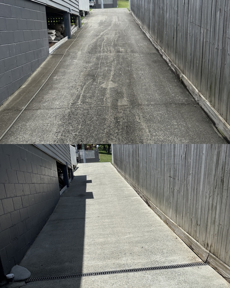 Concrete driveway and pathway before and after pressure cleaning