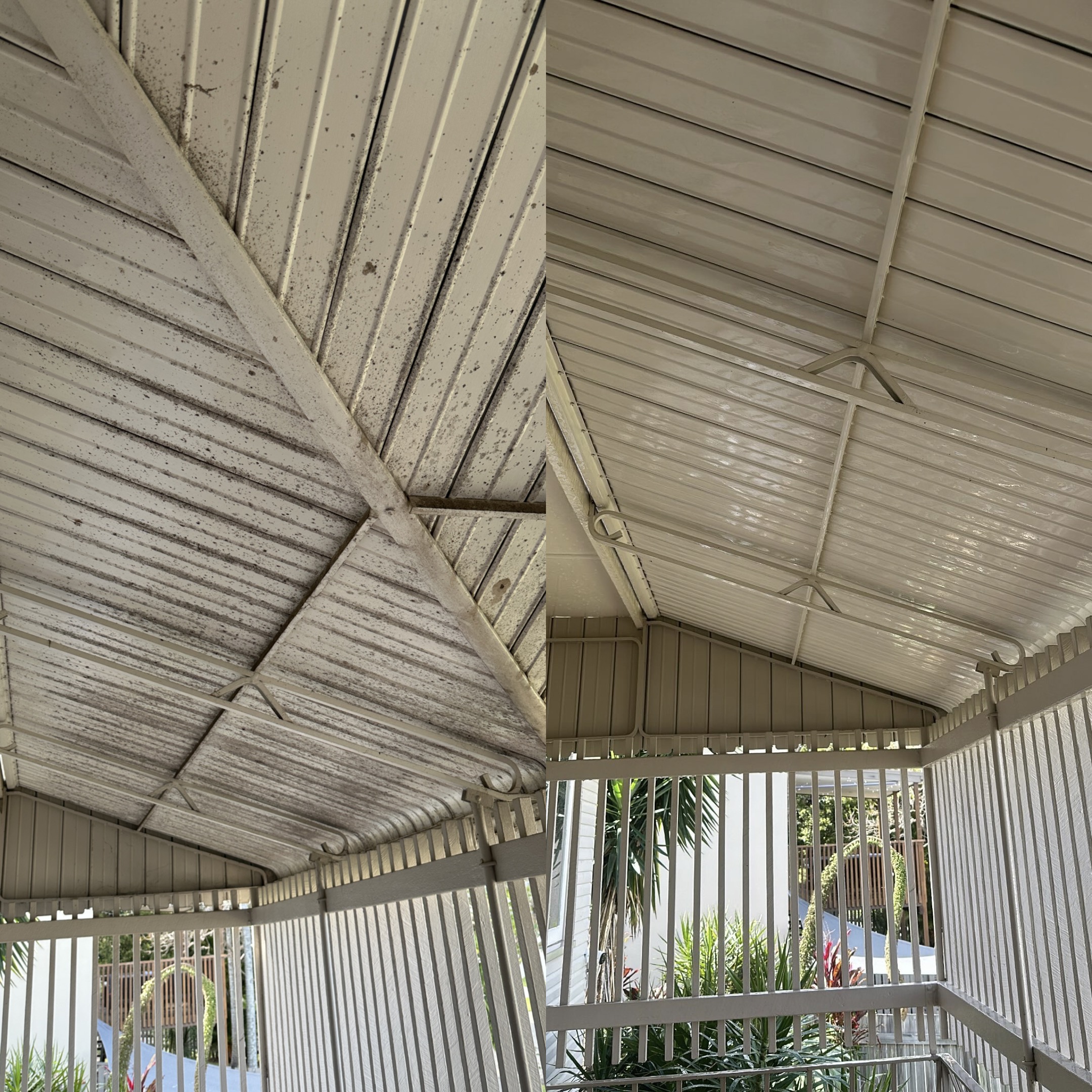 House eaves before and after cleaning showing mold removal