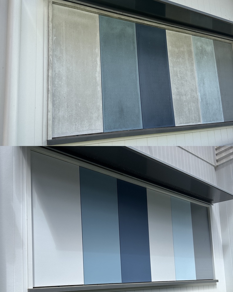Modern house cladding before and after cleaning showing dramatic transformation