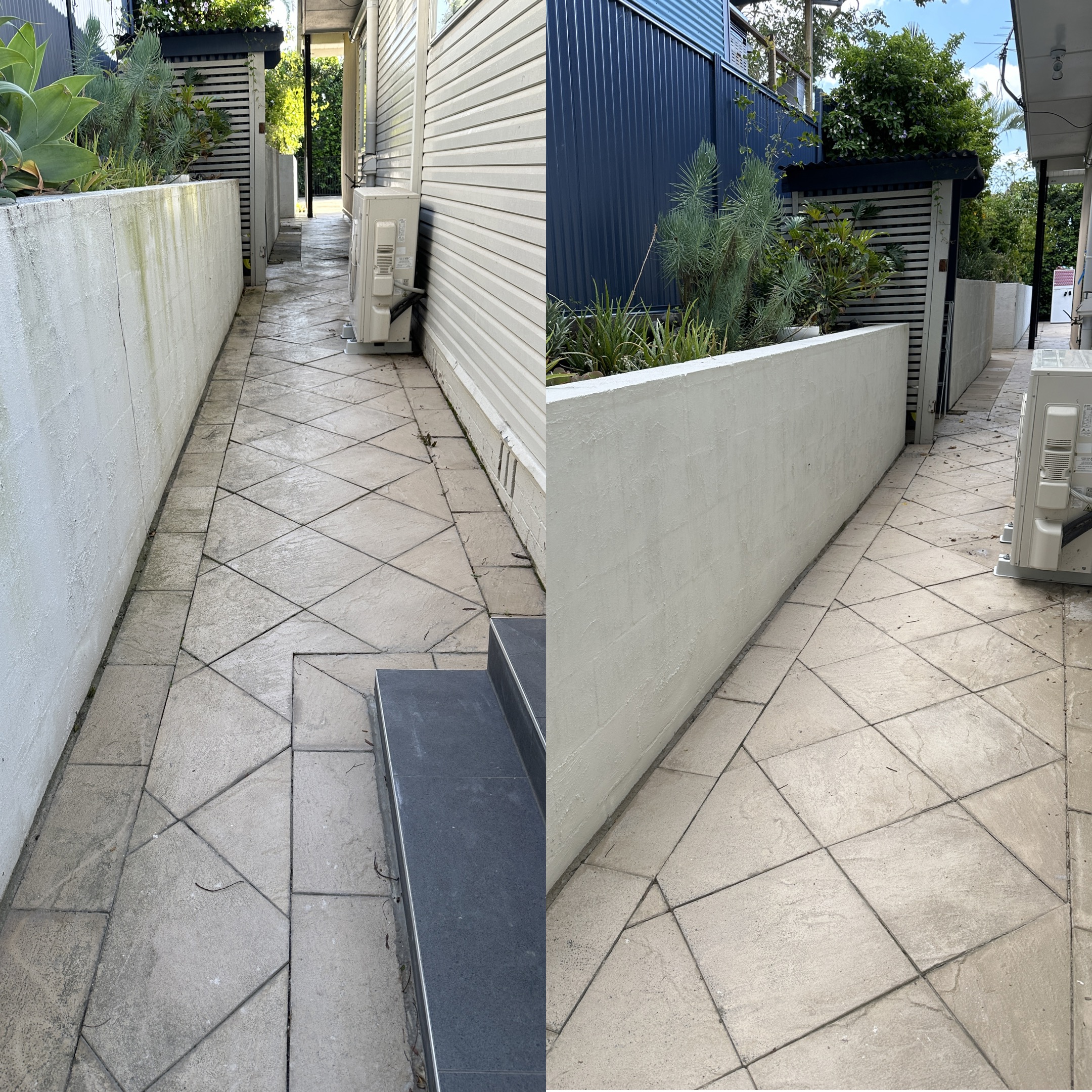 Pathway tiles before and after pressure cleaning