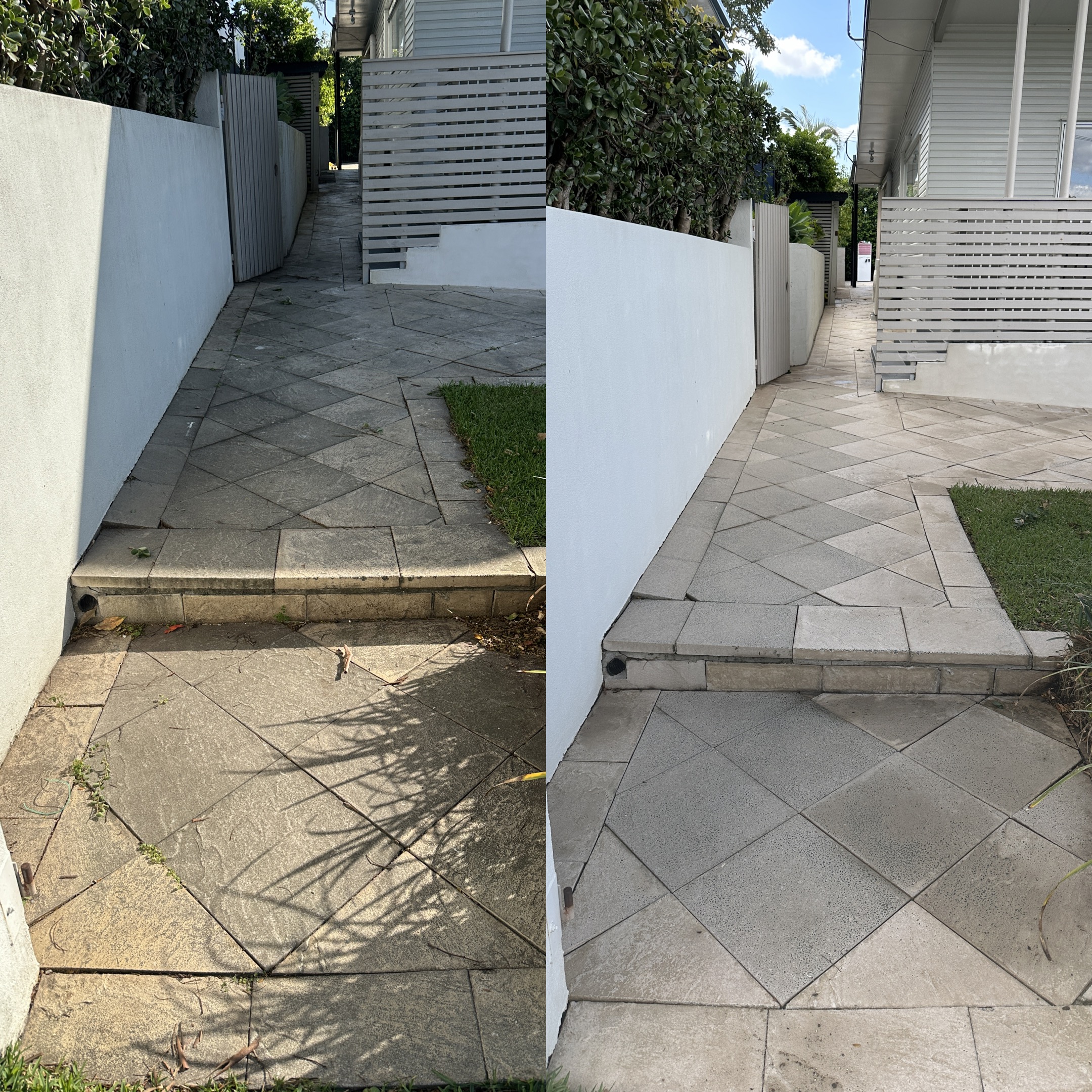 Paved walkway before and after cleaning