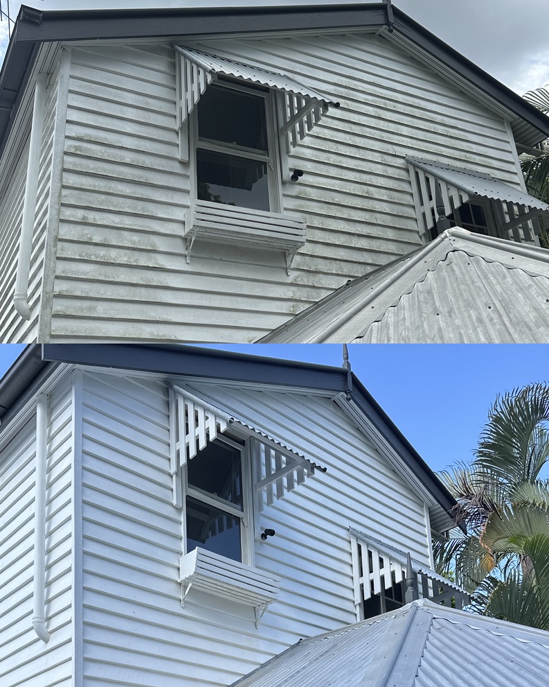 Traditional Queenslander weatherboard house before and after soft washing
