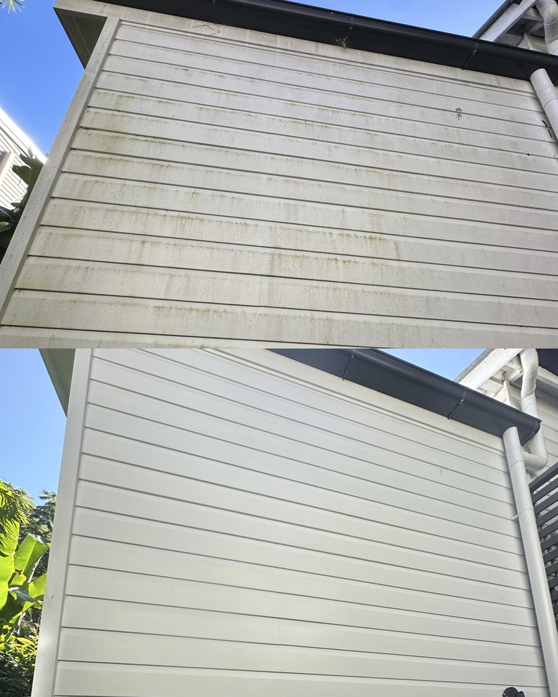 House exterior before and after washing showing clean surface ready for painting