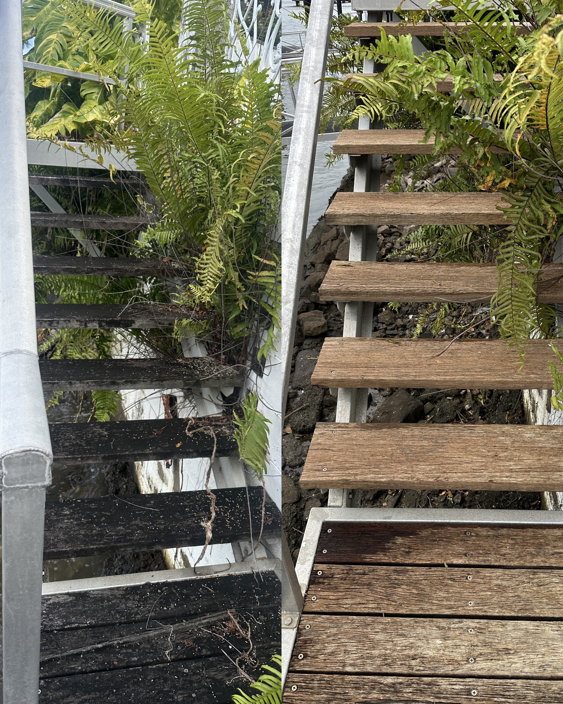 Wooden stairs before and after pressure cleaning